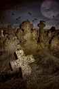Halloween terrible Cemetery with old gravestones crosses, the mo Royalty Free Stock Photo