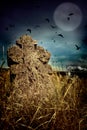 Halloween terrible Cemetery with old gravestones crosses, the moon and a flock of crows Royalty Free Stock Photo