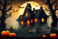 Halloween terror scene, with a haunted house in a cemetery. Digital art. Royalty Free Stock Photo