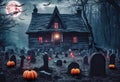 Halloween terror scene, with a haunted house in a cemetery. Digital art. Royalty Free Stock Photo
