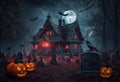 Halloween terror scene, with a haunted house in a cemetery. Royalty Free Stock Photo