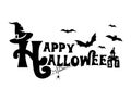 Happy Halloween scary text and bat silhouettes, spider and spiderweb.