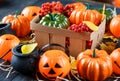 Halloween and thankgiving decoration: pumpkins, lanterns, basket