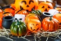 Halloween and thankgiving decoration: pumpkins, lanterns