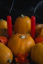 Halloween thanksgiving autumn composition pumpkins apples candle Royalty Free Stock Photo