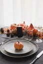 Halloween and Thanksgiving day dinner decorated fallen leaves, pumpkins, spices, grey plate. Royalty Free Stock Photo