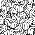 Halloween and Thanksgiving day seamless pattern. Doodle outline black pumpkins autumn leaves background for wrapping decoration Royalty Free Stock Photo