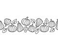 Halloween and Thanksgiving horizontal seamless pattern. Black doodle outline pumpkins and leaves for wrapping scrapbooking paper