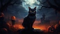 Halloween theme: black cat sitting next to pumpkins Royalty Free Stock Photo