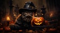 Halloween theme: black cat sitting next to pumpkins Royalty Free Stock Photo