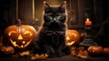 Halloween theme: black cat sitting next to pumpkins Royalty Free Stock Photo