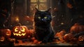 Halloween theme: black cat sitting next to pumpkins