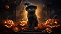 Halloween theme: black cat sitting next to pumpkins Royalty Free Stock Photo