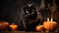 Halloween theme: black cat sitting next to pumpkins Royalty Free Stock Photo