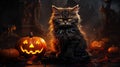 Halloween theme: black cat sitting next to pumpkins Royalty Free Stock Photo