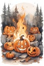 Halloween theme of a bonfires with scary pumpkins in the forest, on white background, printable, fantasy, cartoon style