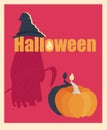 Halloween theme card with pumpkin, hat and death silhouette with scythe and lettering. Isolated vector image on a red Royalty Free Stock Photo