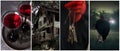 Halloween theme collage of four photos. bloody red cocktail, scary witch house, witch, vintage keys in woman`s hands Royalty Free Stock Photo