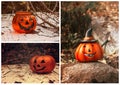 Halloween theme collage with funny pumpkins. Seasonal Greeting card, party flyer design