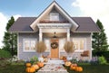 Halloween theme concept, Front of a small country house decorated with pumpkin heads on green lawn 3d render