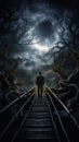Halloween theme with a man standing on the stairs in the forest, AI generated Royalty Free Stock Photo