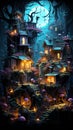 Halloween theme: mystical dark forest with fairy house illuminated by lanterns Royalty Free Stock Photo