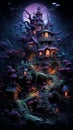 Halloween theme: mystical dark forest with fairy house illuminated by lanterns Royalty Free Stock Photo