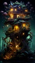 Halloween theme: mystical dark forest with fairy house illuminated by lanterns Royalty Free Stock Photo