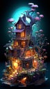 Halloween theme: mystical dark forest with fairy house illuminated by lanterns Royalty Free Stock Photo