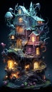 Halloween theme: mystical dark forest with fairy house illuminated by lanterns Royalty Free Stock Photo