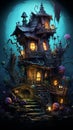 Halloween theme: mystical dark forest with fairy house illuminated by lanterns Royalty Free Stock Photo