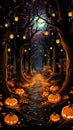 Halloween theme: mystical dark forest with lit stairs decorated with glowing pumpkins