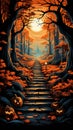 Halloween theme: mystical dark forest with lit stairs decorated with glowing pumpkins