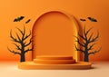 Halloween Theme Product Display 3D Orange Podium with Black Dead Tree and Bats