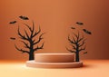 Halloween Theme Product Display 3D Orange Podium with Black Dead Tree and Bats