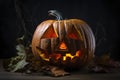 A Halloween theme spooky pumpkin carved with a scary face glows brightly in the dark night Royalty Free Stock Photo