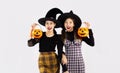 Halloween theme, young asian woman in black costume witch hat holding and carrying orange pumpkin bucket and lantern posing happy Royalty Free Stock Photo