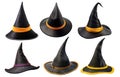 Halloween themed collection of black leather witch\'s hats isolated on white background Royalty Free Stock Photo