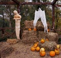 Halloween themed composition consisting of orange pumpkins, mummy and hay.