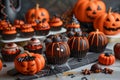 Halloween Themed Confectionery Table with Spooky Pumpkin Cupcakes, Chocolates, and Decorations