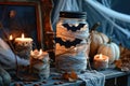 Halloween Themed Decoration with Bat Silhouette in Glass Jar Amongst Candles and Pumpkins