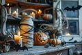 Halloween Themed Decoration with Bat Silhouette in Glass Jar Amongst Candles and Pumpkins