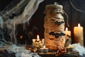 Halloween Themed Decoration with Bat Silhouette in Glass Jar Amongst Candles and Pumpkins