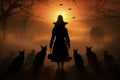 Luminous Halloween Backdrop with Eerie Silhouettes, Witches, Pumpkins, and Vivid Moonlight Royalty Free Stock Photo