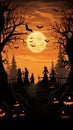 Luminous Halloween Backdrop with Eerie Silhouettes, Witches, Pumpkins, and Vivid Moonlight Royalty Free Stock Photo