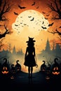 Luminous Halloween Backdrop with Eerie Silhouettes, Witches, Pumpkins, and Vivid Moonlight Royalty Free Stock Photo