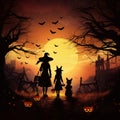 Luminous Halloween Backdrop with Eerie Silhouettes, Witches, Pumpkins, and Vivid Moonlight Royalty Free Stock Photo