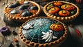 Halloween-themed pies, with spooky designs like spiderwebs, ghosts, and pumpkins on top