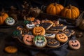 Halloween-themed pumpkin ghost cookies on a black plate