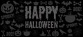 Happy halloween banner. Black halloween background with pumpkin, bat, bones, crow, caldron. Halloween theme.